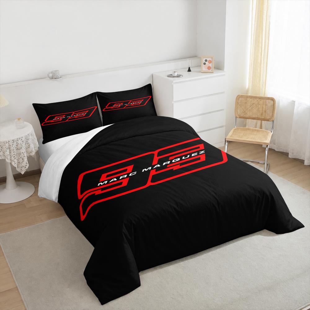 Duvet Cover Set Marc Marquez 93 MotoGP Racing Red Number Logo White Name Black Background Motorcycle Rider Icon Art Print for Men Fan Gift