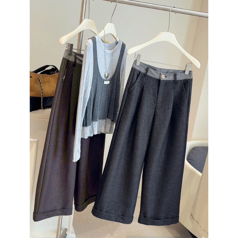 

Контрастная цветная вставка на талии, закрученные широкие повседневные брюки, женские осенние новые повседневные зауженные, свободные и тонкие брюки прямого кроя XL чёрный