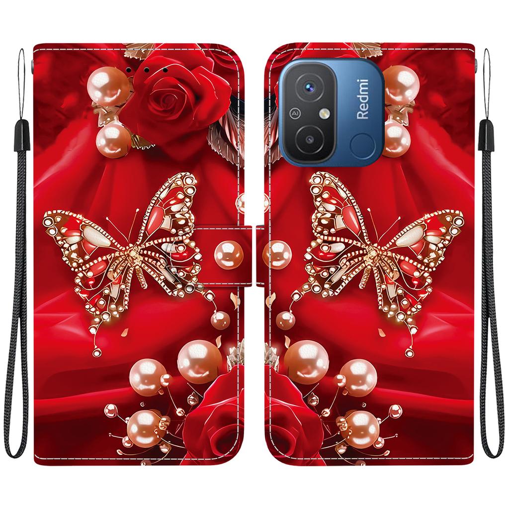 Handmade PU Leather Flip Case for Redmi 12C/Redmi 11A Anti-Slip Shockproof Cover with Wrist Strap & Heart/Rose Cat Designs