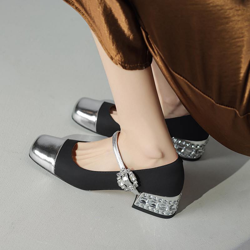 Krazing Pot Cow Skin Spring Summer Size 41 Thick Med Heels Women Square Toe Mixed Color Crystal Heels Pumps