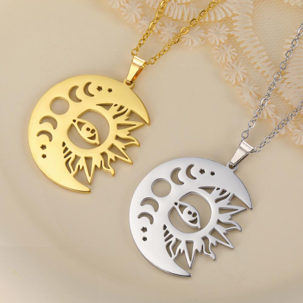 Dawapara Sun and Moon Phase Necklace Crescent Moon Pendant Stainless Steel Jewelry Valentine's Day Gift