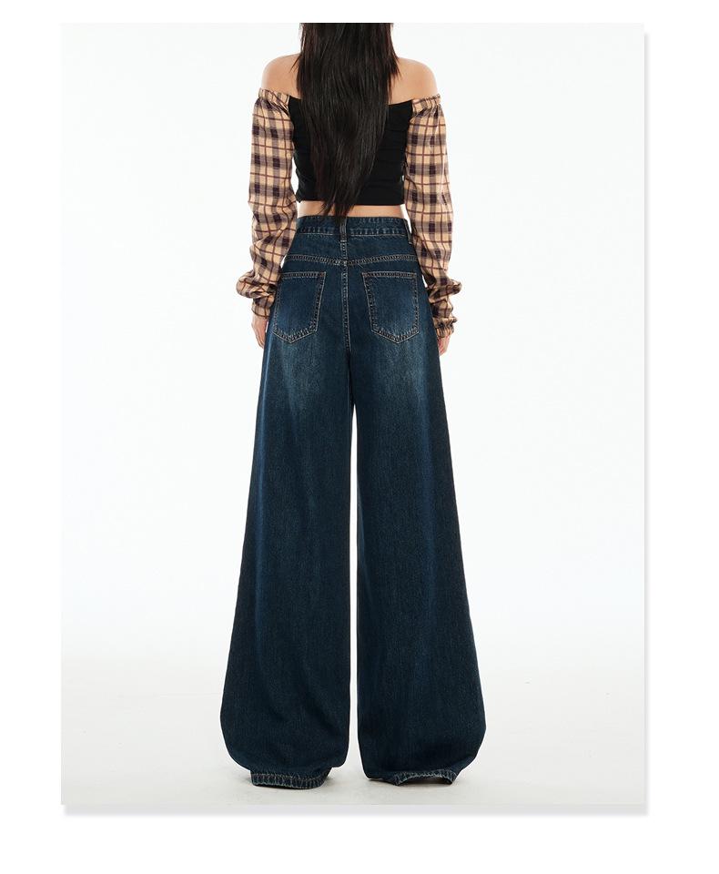 Women's Autumn High-Waisted Hong Kong Style Floor-Sweeping Loose Jeans