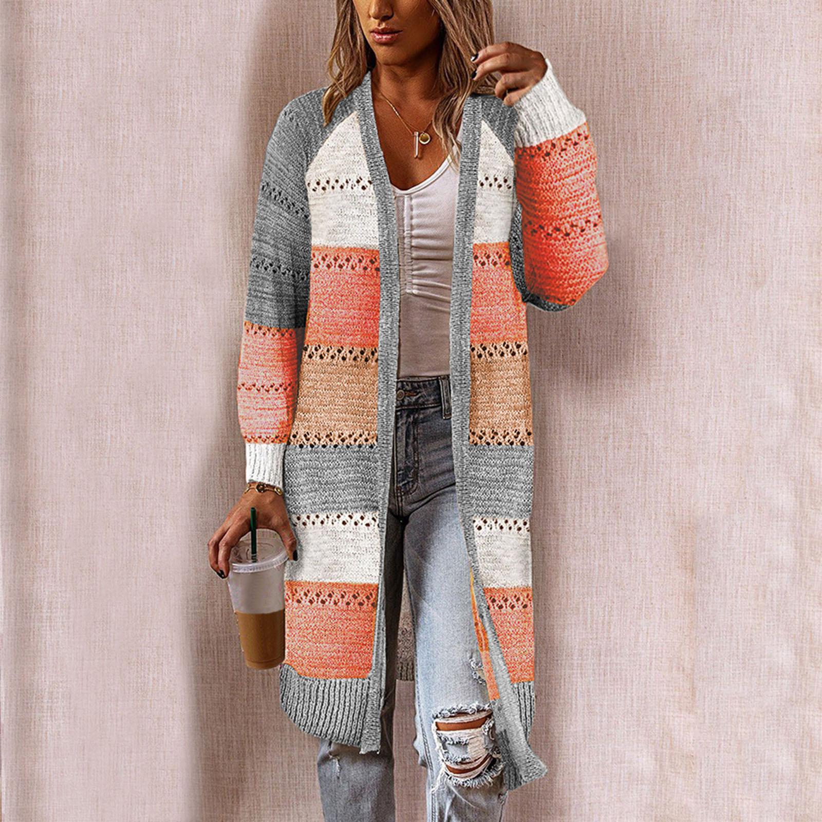 

Women Cardigan Comfy Stylish Stitching Long Sleeve Sweater Casual Long Cardigan XL помаранчевий