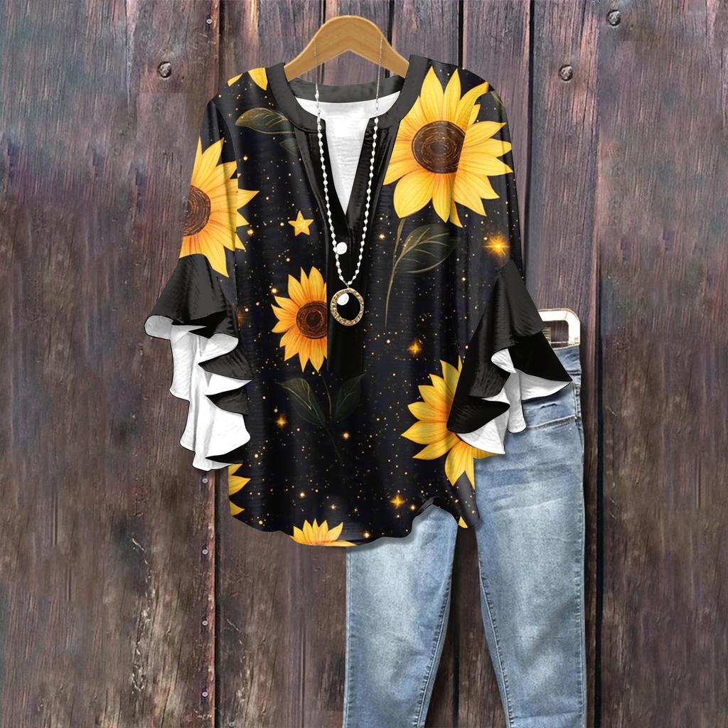 Summer Tops For Women Cute V Neck 3/4 Sleeve Blouses Floral Print Top Casual Shirts