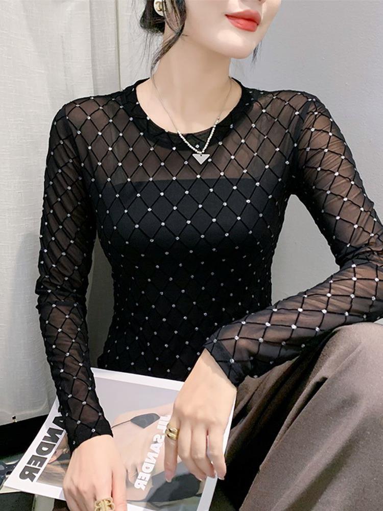 Chic Mesh Long Sleeve Top with Nail Beads & Diamond Accents - Stylish, Slim, and Breathable Women's Autumn Shirt