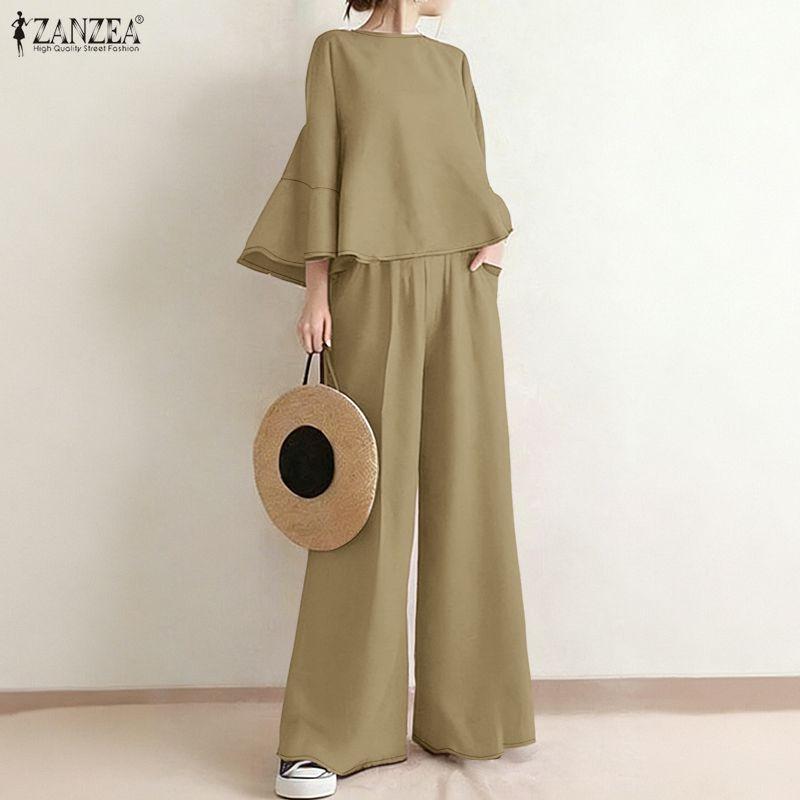 ZANZEA Set de costume casual din două piese pentru femei, cu bluză cu mânecă 3/4 și pantaloni cu picior larg