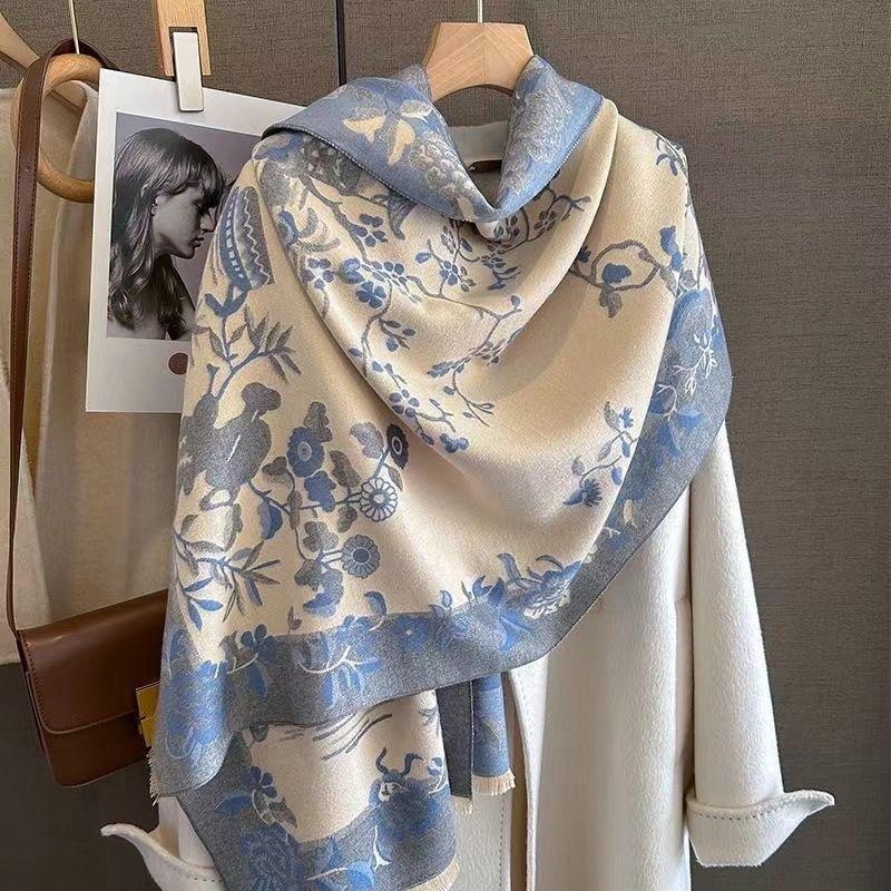 Autumn and Winter Landscape Classic Print Thickened Warm Women's Shawl Imitation Cashmere Skin Friendly Short Fringed Scarf
