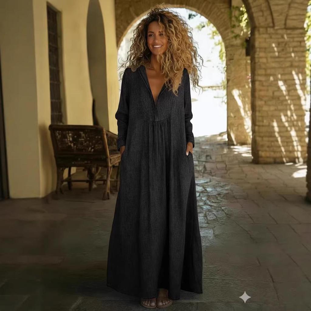 Loose Comfortable V-neck Denim Maxi Dress with Pockets