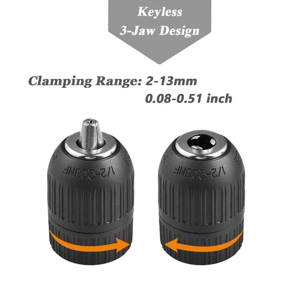 Keyless Drill Chuck,Clamp Range 2mm~13mm(0.08"~0.51"),1/2-20UNF Quick Grip Chuck with 1/2inch Chuck Socket Square Female Adapter Tire Chucks 1