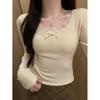 Women's Slim Fit Apricot Lace Low-Neck Long-Sleeve Top - Spring/Autumn Style