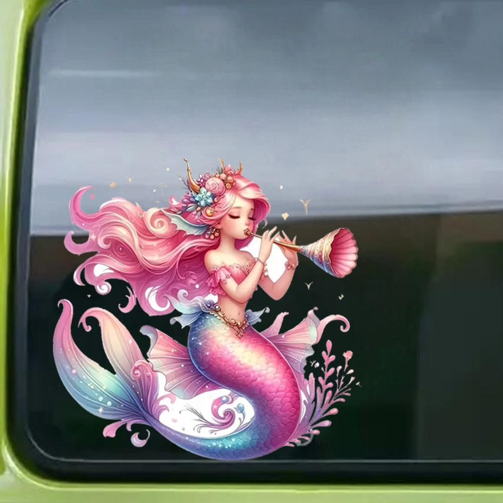 QT2373#15cm Whimsical Mermaid Playing Trombone Vibrant Pink Hair Car Sticker for Laptop, Truck,Motorcycle, Window