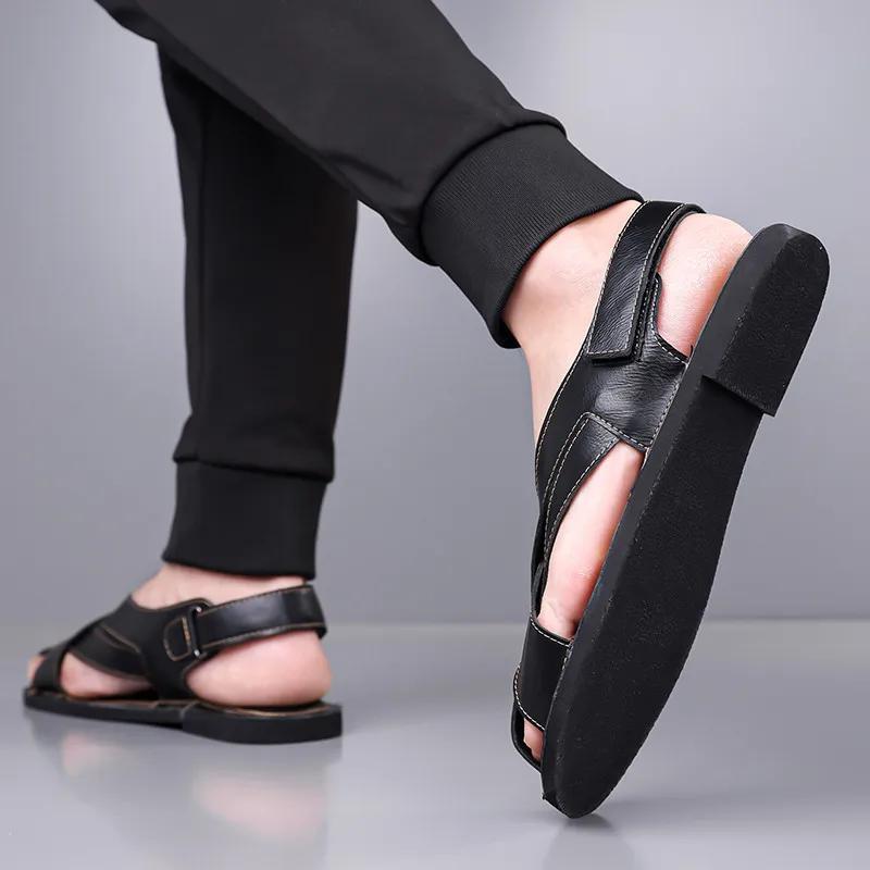 Large Size 48 Leather Sandals Men Classic Black Men's Roman Sandals Comfortable Flat  Summer Sandals for Men Sandalias De Hombre