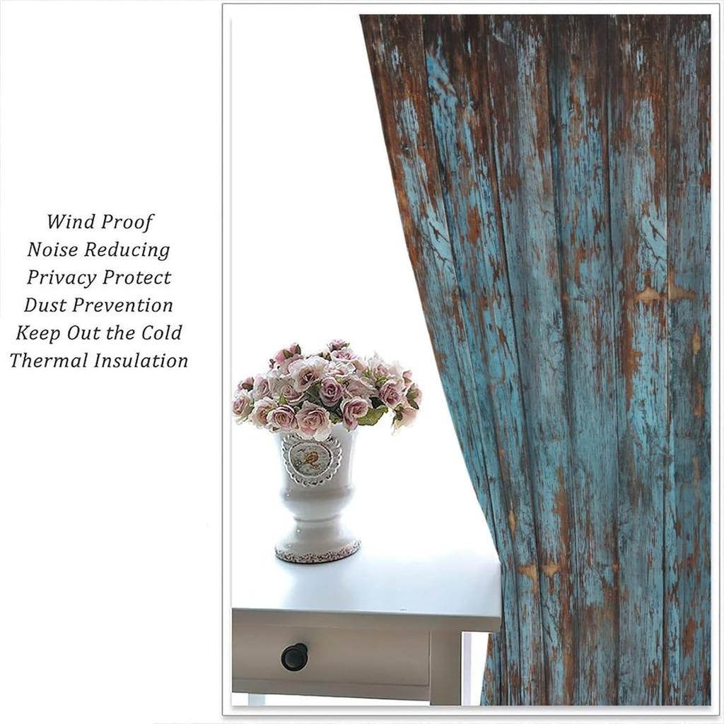 Retro Holz Verdunklungsvorhänge Rustikal Farmhaus Vintage Braun Blau Plankenstruktur Drucke Verdunklung Stangentasche Fensterdekorationen D