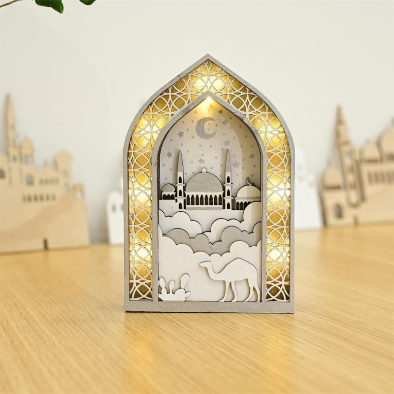 EID Wooden Pendant with LED Light Ornament Islamic Festival Supplies DIY Craft Perfect for Ramazan Home Party Decoration