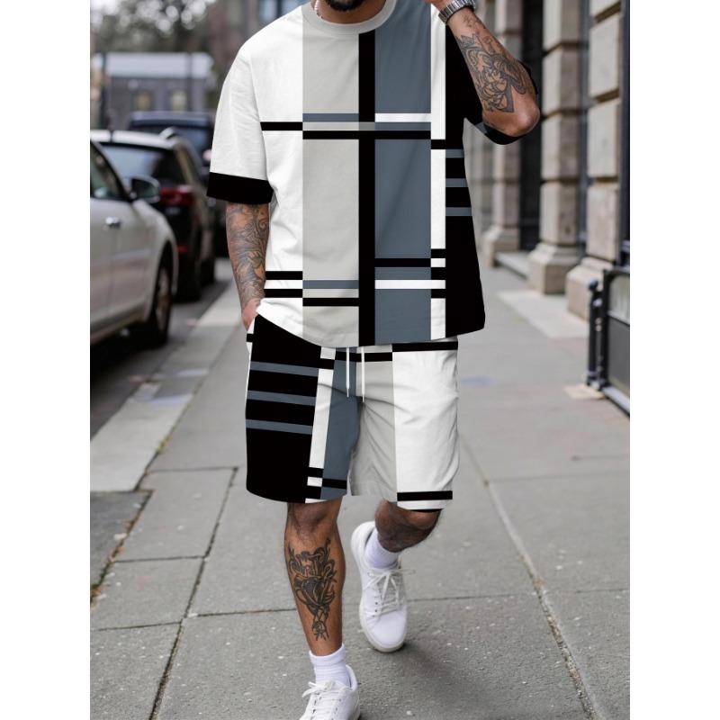 Men's Summer Geometric Set: Short Sleeve Tee & Matching Shorts with Bold Black-White-Grey Line Pattern. Loose Fit Big Size Streetwear for Daily Wear