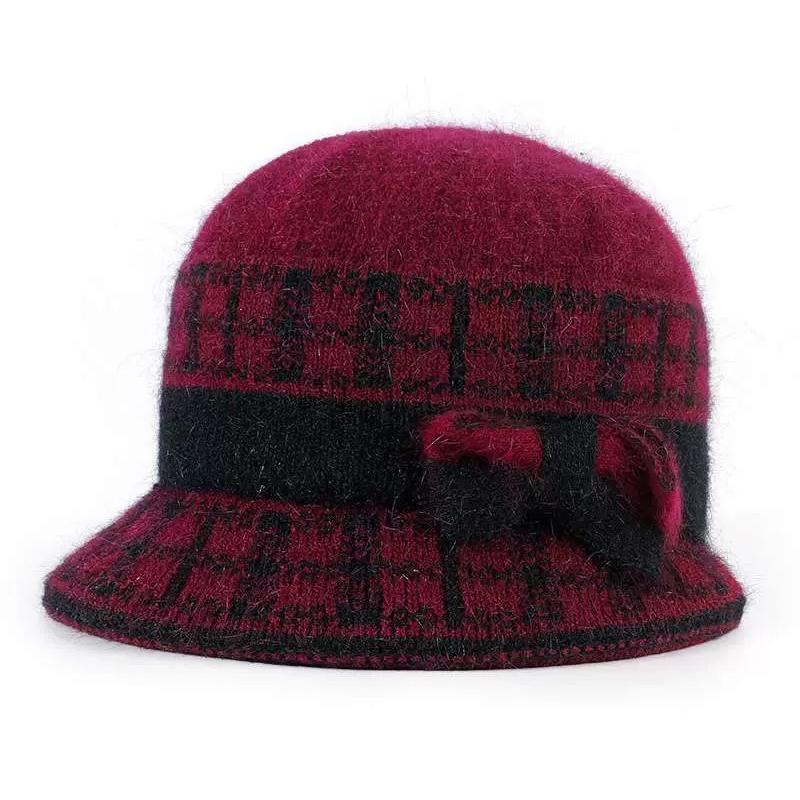 Fashion Outdoor Thickened Fleece Knitted Hat Winter Rabbit Fur Baseball Cap Warm Bow Basin Cap For Middle-Aged And Elderly