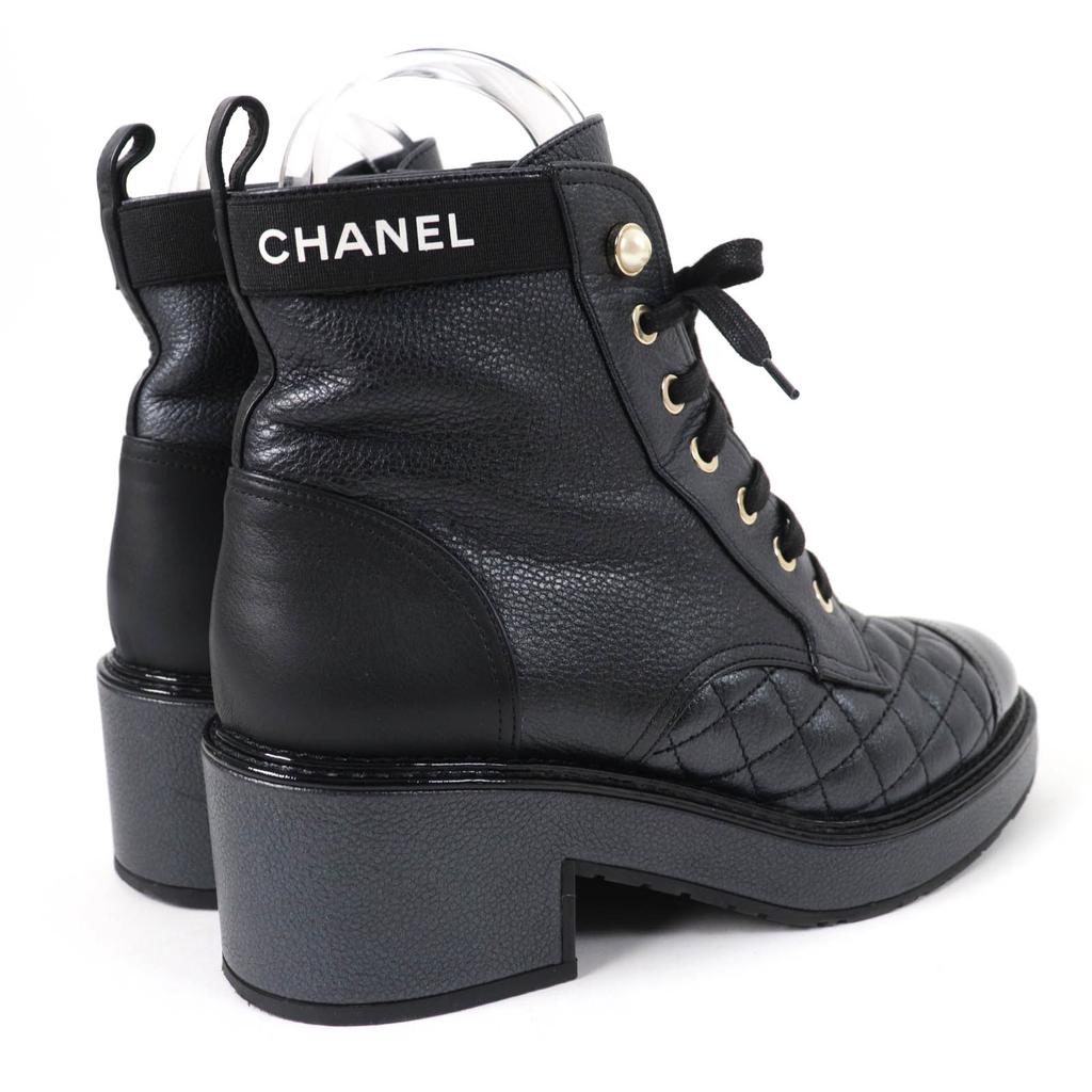 Excellent CHANEL Ankle boots Logo Matelasse F Pearl Lace-up Women 37 G38514 Used