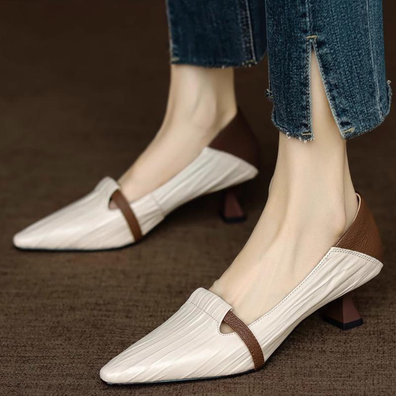 Fashion Women's Low Heel Shoes Autumn New Pointed Head Light Mouth Color Matching Slip-on Wear-resistant Low-top Shoes