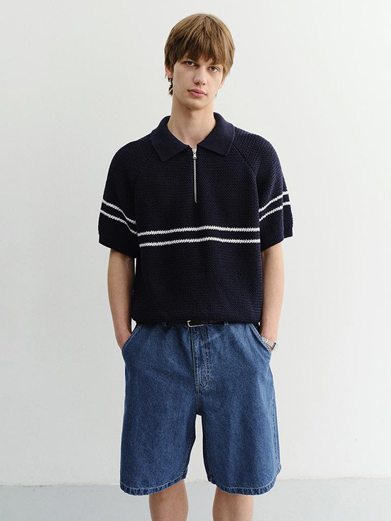 Deonseuteupomaen Half Zip-Up Striped Polo Knit_Udsw6B322_Dark Navy