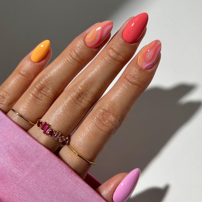 Colorful Striped Water Drop Fake Nail Tips for European & American Hot Girl Style