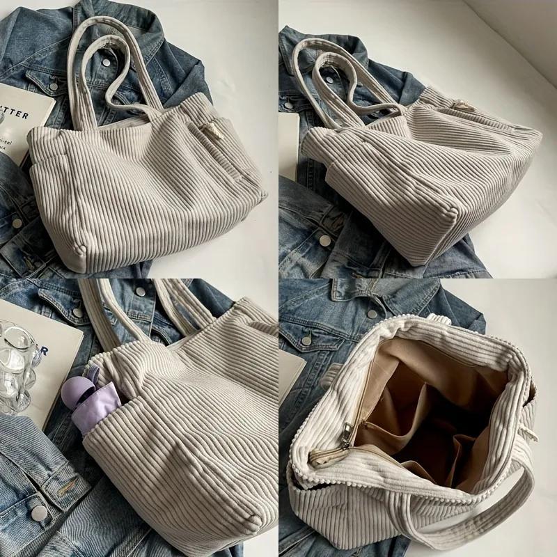 Sac à main décontracté en velours côtelé avec fermeture éclair Léger et grande capacité Bandoulière fixe Couleur unie Sac à main pour le quotidien