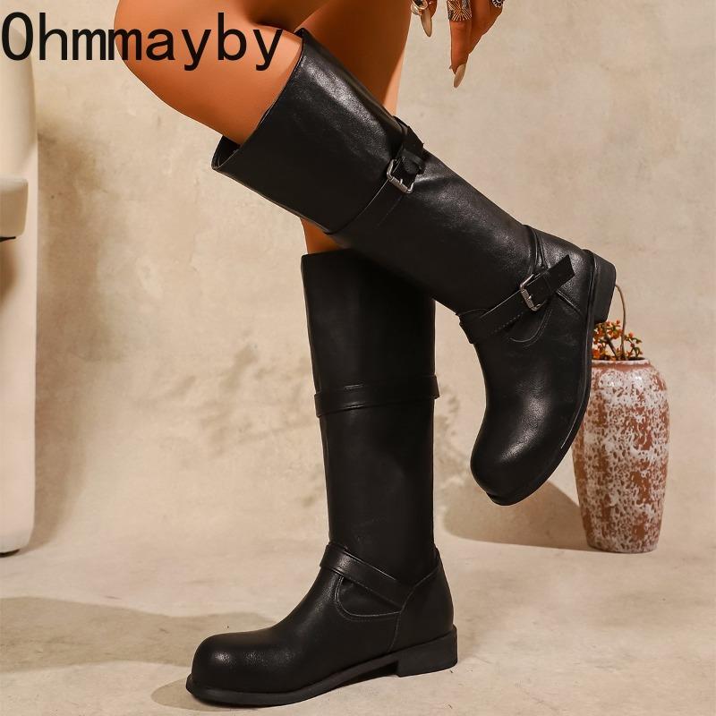 Winter Street Belt Buckle Women Knight Long Elegant Low Heel Female Slip On Knee High Top Booties De Muje