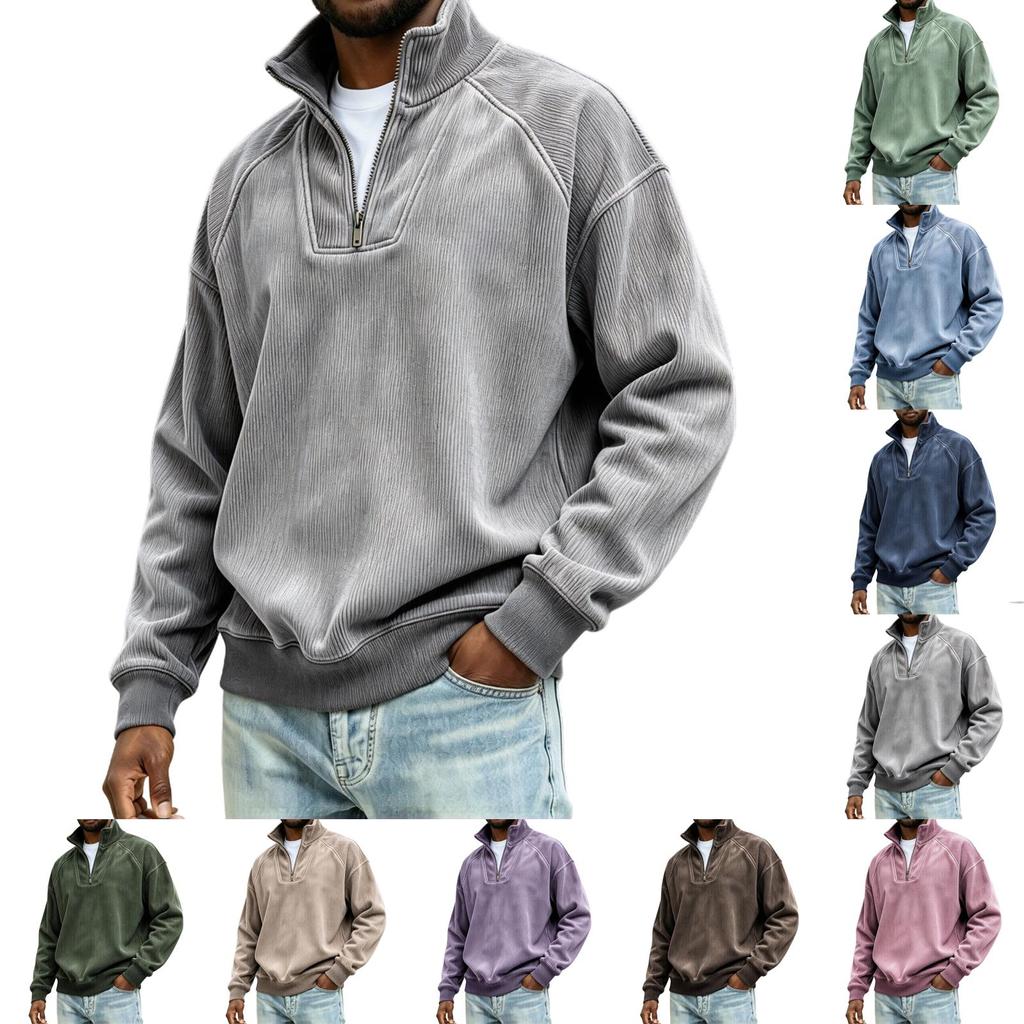 Men's Vintage Ribbed Half Zip Sweatshirt Mock Neck Pullover Top in Coffee Brown