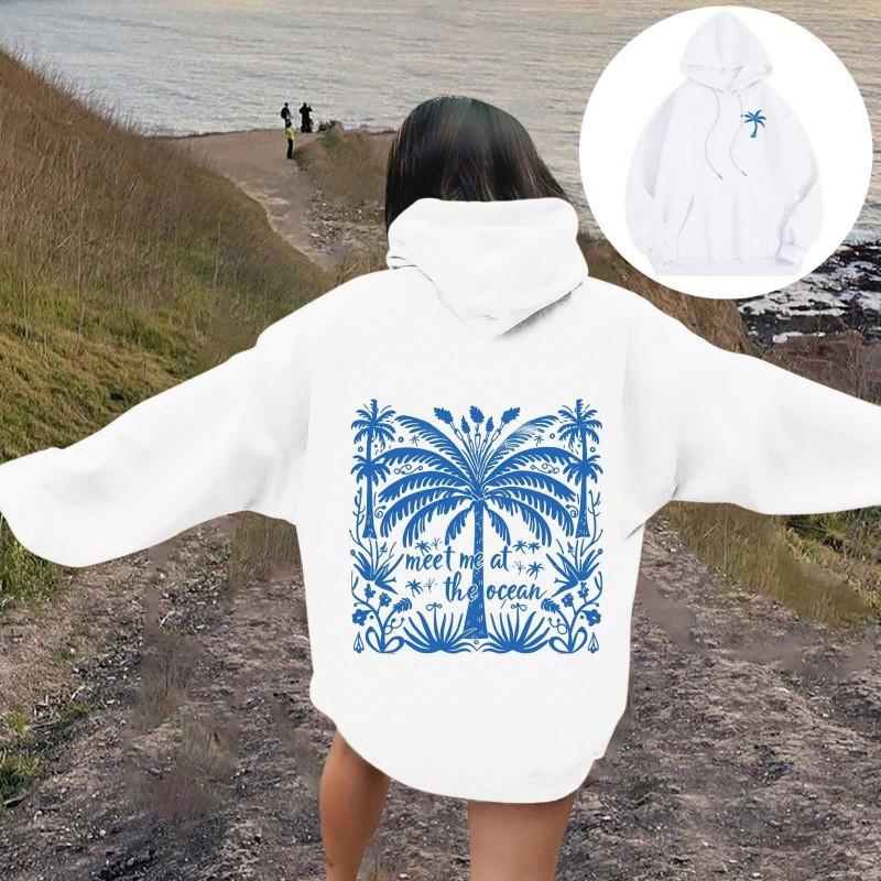 Womens Oversized Hooded Sweatshirt With Palm Tree Print Drop Shoulder Long Sleeve Fleece-Lined Casual Streetwear