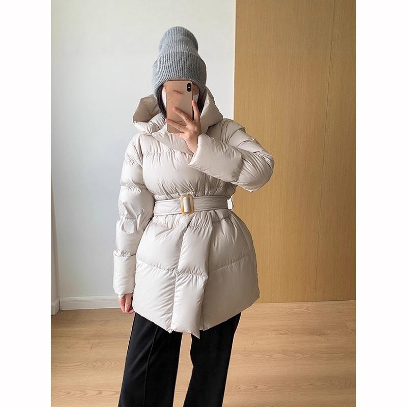 Winter Hooded Women's Down Jackets Warm Casual Lace Up Coat Puffer Jacket Belt Elegant Parka Overcoat