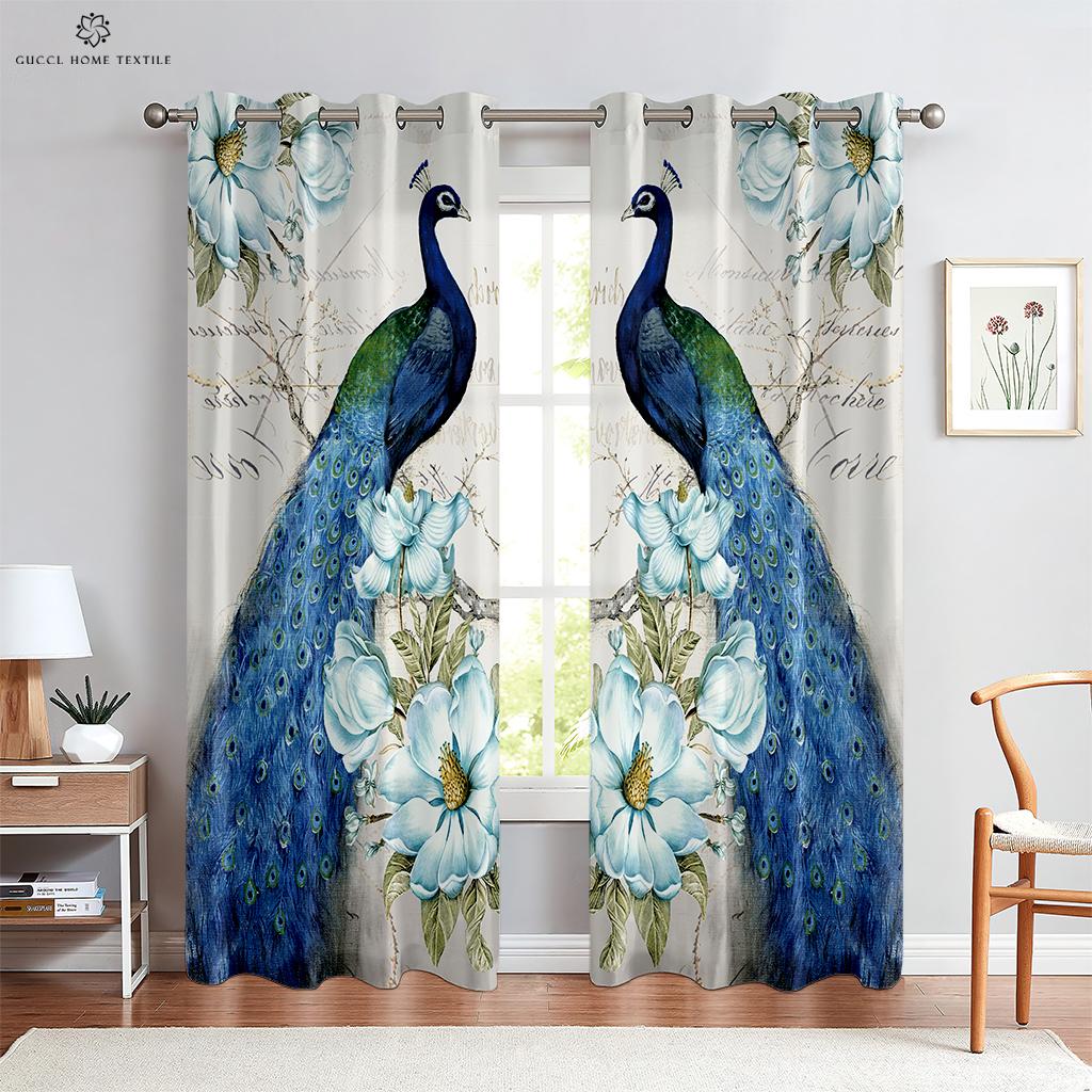 Vintage Peacock 3D-utskrift vindusgardiner, stanglomme, soverom, stue, kjøkkeninnredning, kan tilpasses, 2 stk.