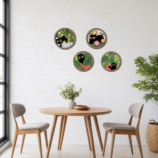 Matte Finish Wood Decoration 4PCS Black Cat Wall Sign, with Warm Grain Texture Art, Scratch-Resistant Natural Art Home Decor, Nordic Retro Style