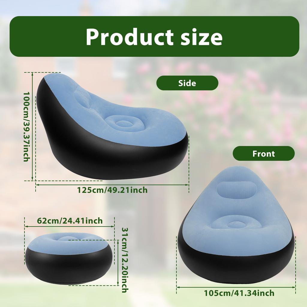 Inflatable Chair with Ottoman Leisure Bean Bag Lazy Sofa Set Portable Flocked Surface Air Sofa Comfortable Outdoor Blow Up Couch