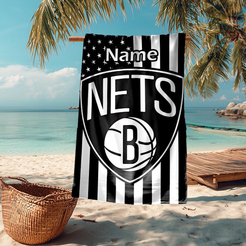 Custom Name Ultra-Soft Beach Towel with Brooklyn Nets Theme,Ideal for Pool - Camping, Diving - Perfect Travel Essential, Vibrant Beach Towel.