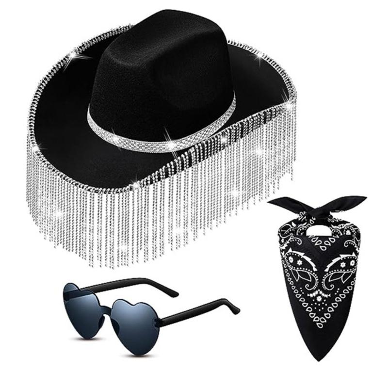 Carnival Rhinestone Cowboy Hat with Heart Sunglasses+Kerchief Set for Wedding