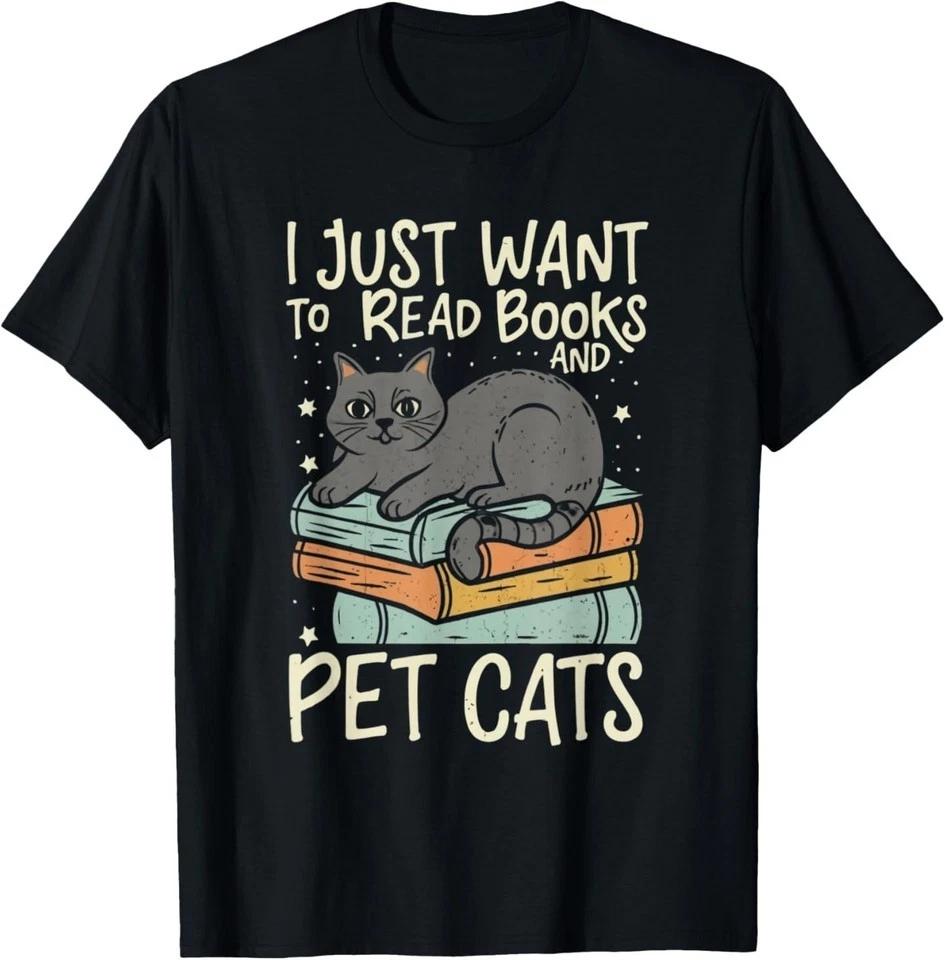 Retro I Just Want to Read Books and Pet Cats Cat T-Shirt 4XL