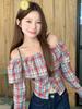 Plus Size Retro Plaid Flared One-Shoulder Top with Long Sleeves