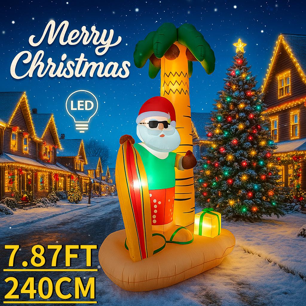 

7.87ФТ Рождественские Надувные Игрушки Светодиодный Санта Тропический Пляж Пальма Принадлежности Домашние Украшения Праздничный Подарок Рождественские Украшения для Двора EU