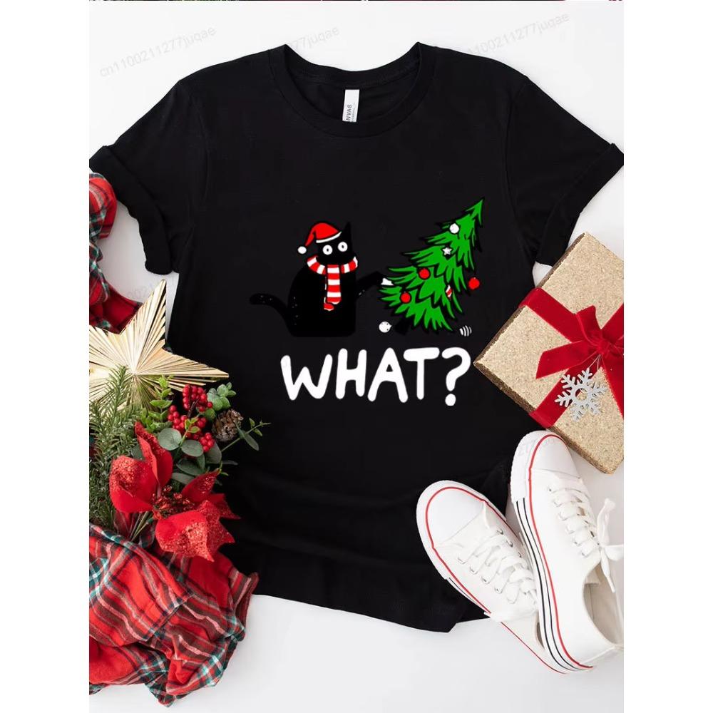 Christmas Cartoon Cat Xmas Tree Print Graphic Print T-shirt Women Fashionable Comfortable Breathable Soft Casual Sports Short Sleeve Cotton T-shirt