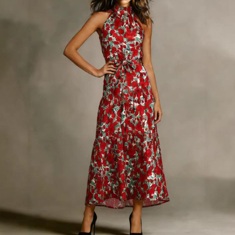 European and American Summer Long Dress New Bohemian Vacation Print Neck Sleeveless Long Dress