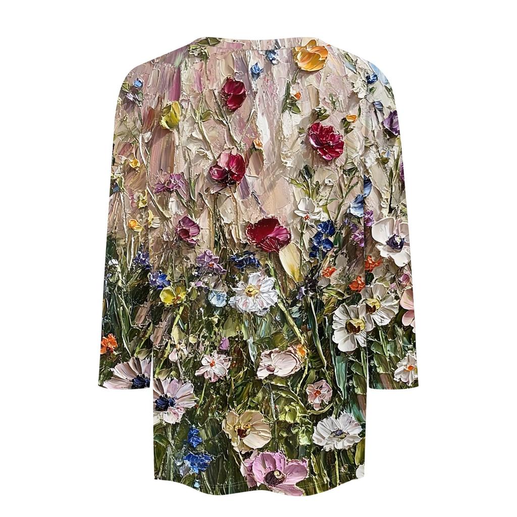 Women's Fashion Casual Three-quarter Sleeve Vintage Floral Print Round Neck Top
