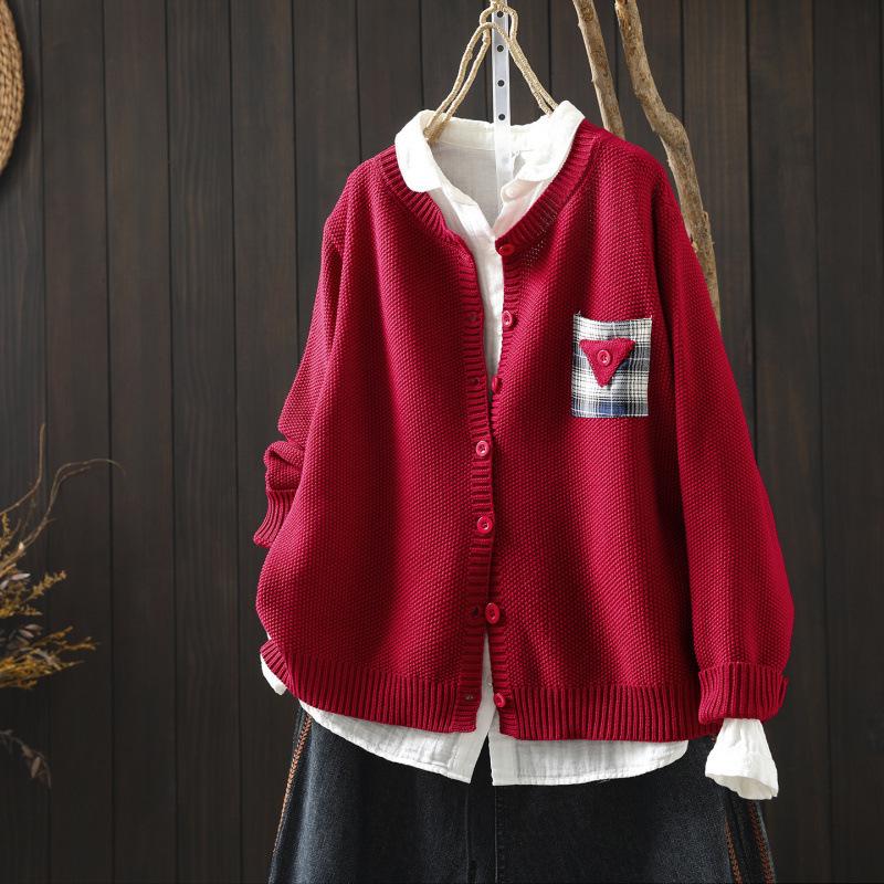 Women's Yellow Cotton Cardigan with Pockets - 2026 Spring Collection, Artistic & Lazy Style Knitwear