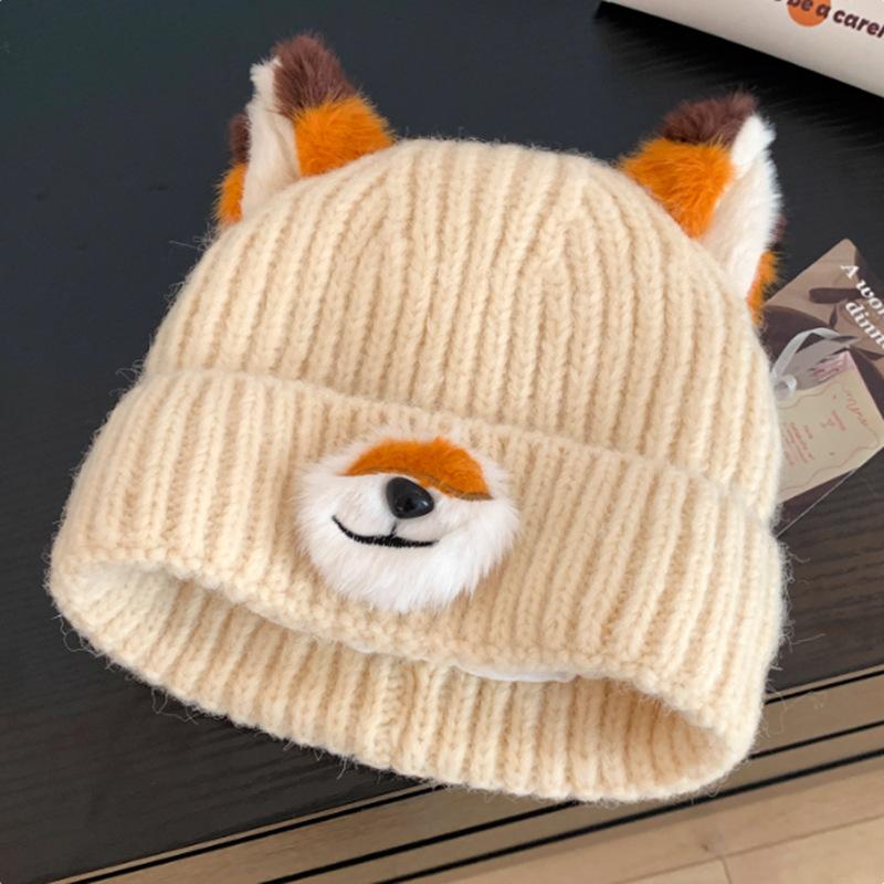 Cartoon cute fox ears knitted hat female autumn and winter face small versatile wool hat warm ear protection bag head hat