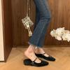 Sheepskin Version~ French Small Square Head One-word Diamond Strap Leather Muller Shoes Inner Height Increase Thick-soled Half Slippers Women