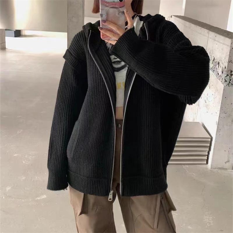 

Осенний ленивый ветер свободный большой вариант свитера The Design Sense куртка с капюшоном на молнии вязаный кардиган женский One size чёрный