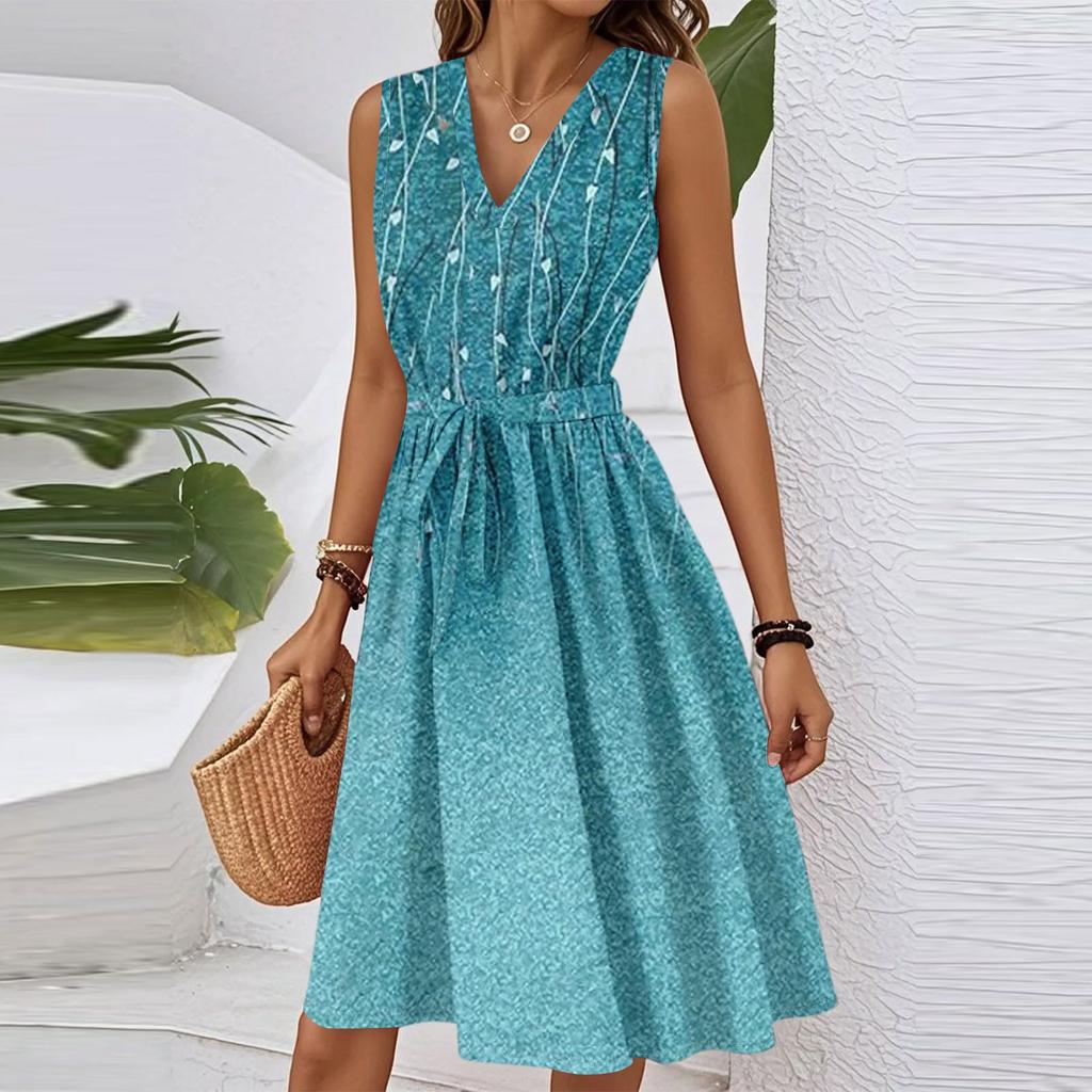 Damen Frühling und Sommer Casual V-Ausschnitt Ärmellose Taille Blumendruck Midikleid