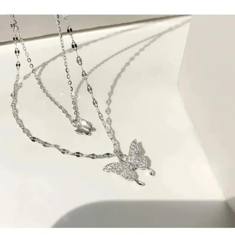 Elegant Necklace For Women Butterfly Necklace Shiny Double Clavicle Chain Pendant Anniversary Gift Jewelry Collares