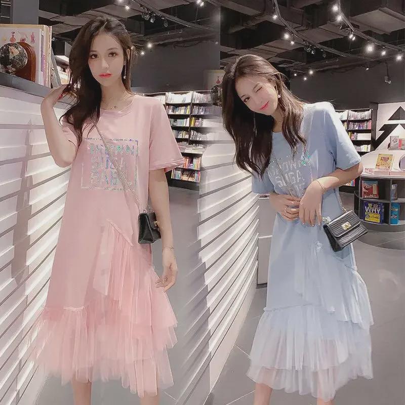 

2025 Trendy Summer Mesh Letter T-shirt Dress with Puffy Fairy Skirt 2XL синий