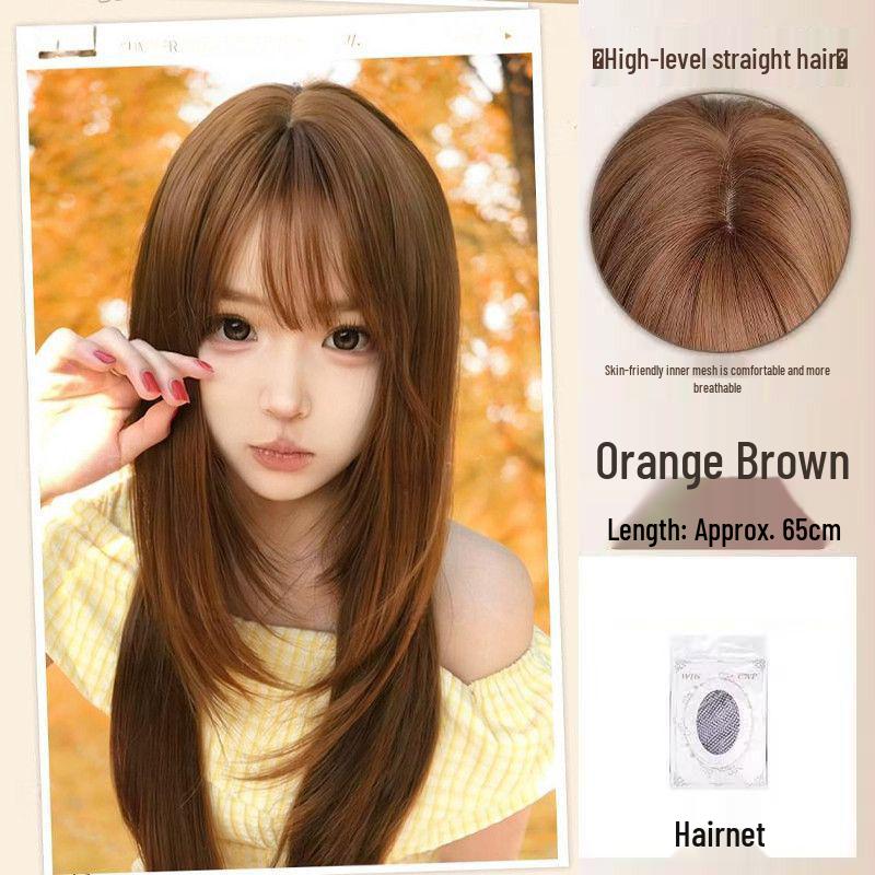 

**Sunset Orange Sea Wig**: Long, straight, orange-brown wig for women with retro flair, perfect for everyday wear. Full head coverage.