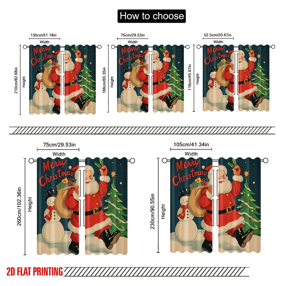 2pcs,2D Plane Printing Curtain Popular Vintage Santa Claus with Snowman & Tree Versatile 100% Polyester (without Rod)