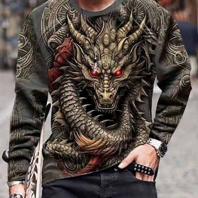Unisex 3D spausdintas ilgomis rankovėmis T-shirt „Dragon Majesty“ Madingas tampus patogus prigludęs viršutinis megztukas